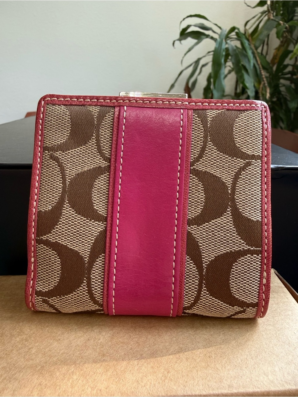Coach Brown Signature Canvas Wallet with Pink Leather Stripe